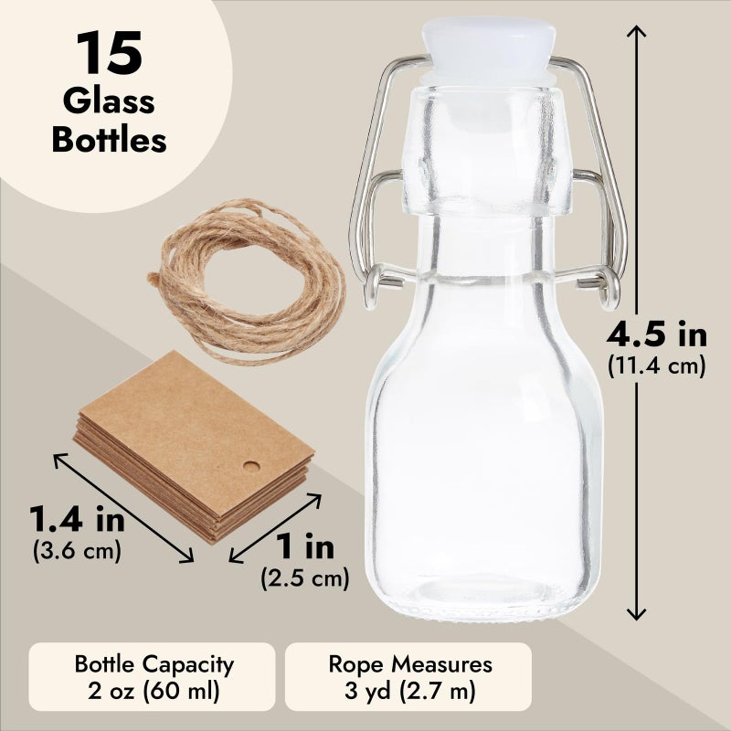 BLUE PANDA Mini Glass Bottles Swing Top - 15 Pack 2 Oz/60 ml Blue & White - Kraft Tags & Jute Twine Included - Wedding Favor Glass Bottles & DIY Jars - Image 5